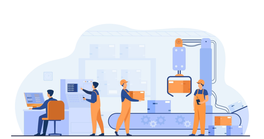 factory workers robotic arm removing packages from conveyor line engineer using computer operating process vector illustration business production machine technology concepts